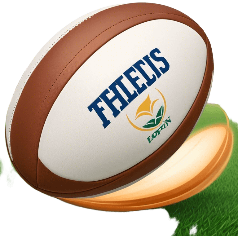 Cinematic Realistic image of a rugby ball in mid-action, with dynamic motion blur and finely rendered leather textures, set against a sunlit, energetic field that underscores its robust athleticism emoji