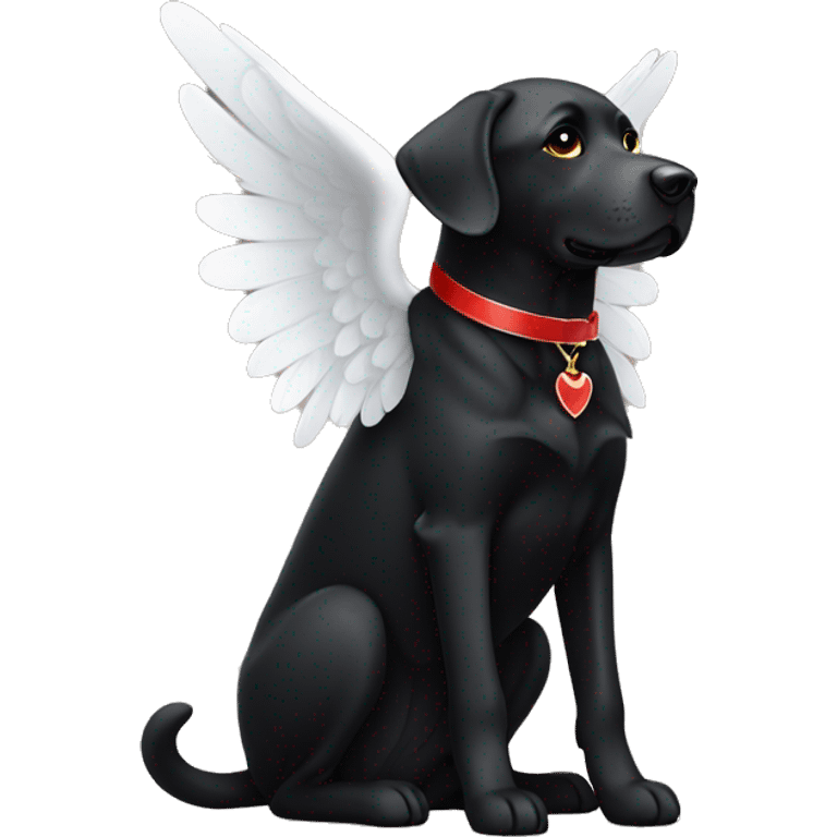 Black Labrador with red color and white angel wings. Dog sits show full body. emoji