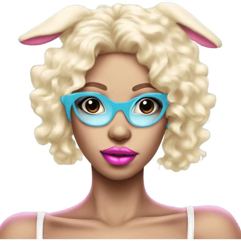  Blonde Gogo dancer ,light blue skinned face, Enid Sinclair wearing ,big floppy bunny ears pink lips  emoji