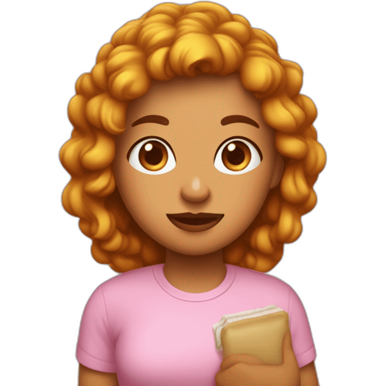 chica con pelo lardo marron solo un poco ondulado pero mas lacio, ojos marrones oscuros, con anteojo de borde superior rosa, en la mano un iPhone, una remera color mostaza  emoji