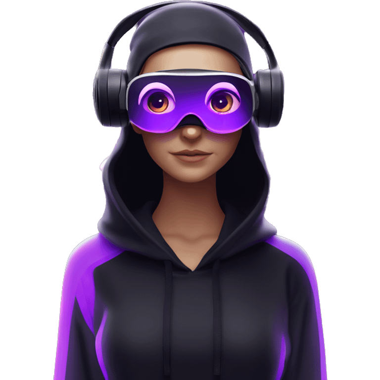 Russian girl wearing black hoody with violet letters "OMG", in vr headset oculus quest2. Standing like jedi. Cyberpunk style. Violet neon. emoji