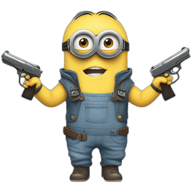 baby minion  in gray pants in a blue sleeveless shirt in a hood and with a collar with two pistols in both hands holds them on both sides raised emoji