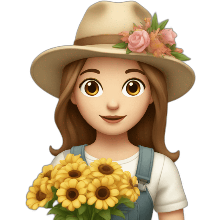 white skin, Girl with a hat, brown hair straight to the shoulders, holding a bouquet of flowers emoji