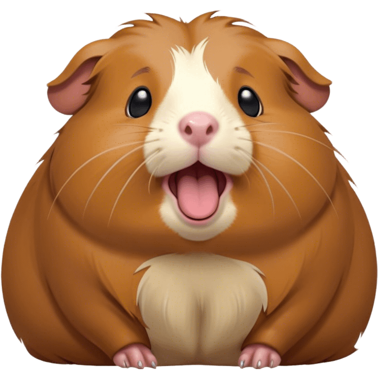 Cinematic Cute Yawning Brown Guinea Pig Portrait Emoji, Head tilted slightly with a dramatic, wide-open yawn, revealing a soft brown coat and tiny, droopy ears, round dark eyes barely open in drowsy contentment, Simplified yet irresistibly adorable features, highly detailed, glowing with a soft, cozy glow, high shine, relaxed yet expressive, stylized with a touch of whimsy, bright and endearing, soft glowing outline, capturing the essence of a sleepy yet affectionate guinea pig, so drowsy it feels like it could stretch out of the screen and curl up for a nap! emoji