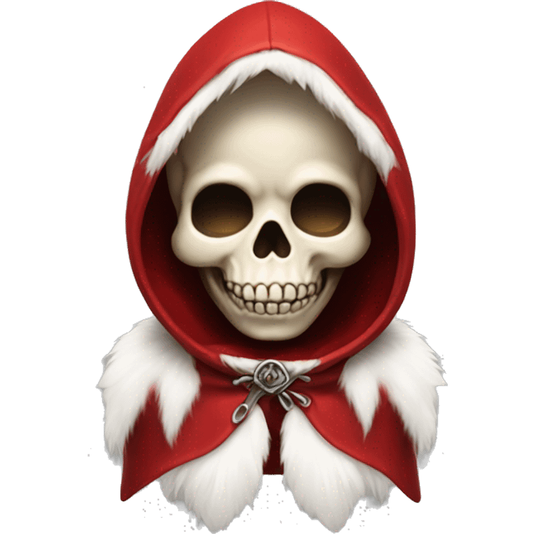 Cute, happy little skull wearing a red velvet hood with white fur trim. emoji