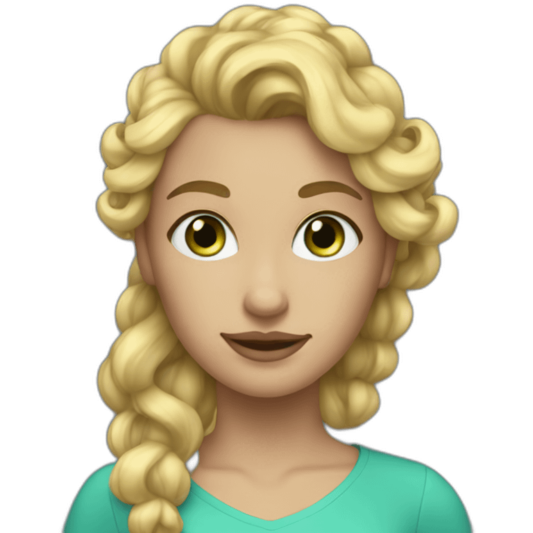 woman with blonde hair, a curly ponytail, and blue and green eyes emoji