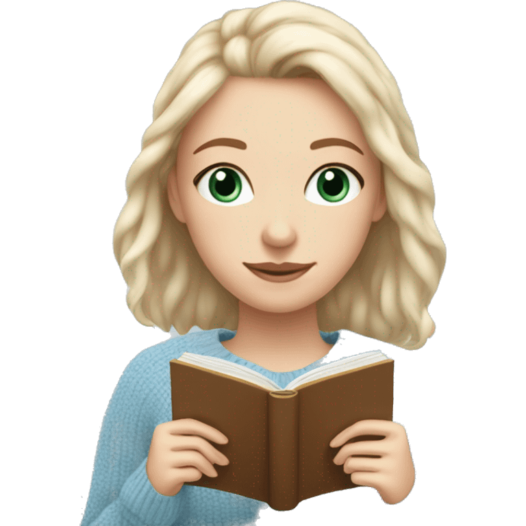 Pretty hazel eyed white girl with light blue sweater reading cozy emoji