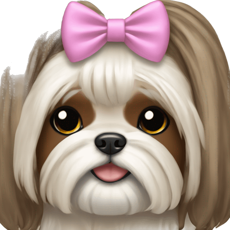 brunette girl hugging cream long hair shih tzu with bow on head  emoji