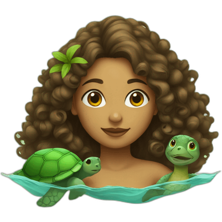 Indian woman with curly hair swimming with a turtle emoji