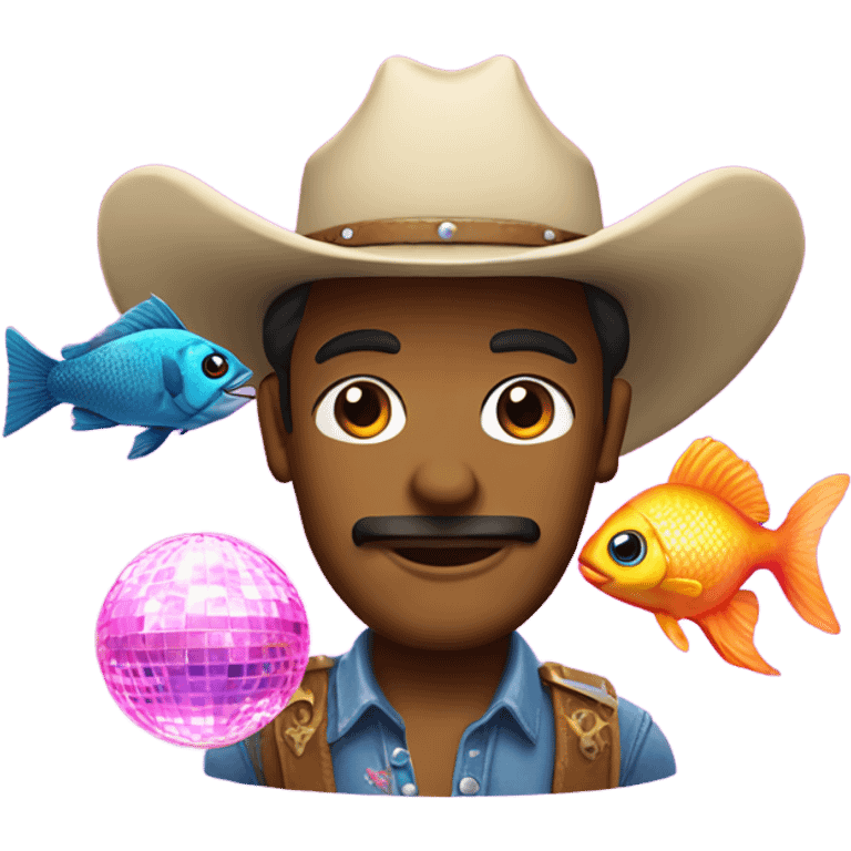 a cowboy with a pink hat and disco ball and a fish emoji