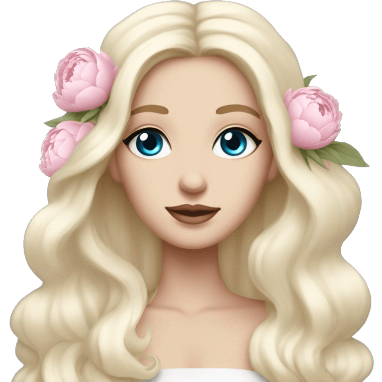 White bride with long light blonde hair and blue eyes with light pink peonies in hair white skin emoji