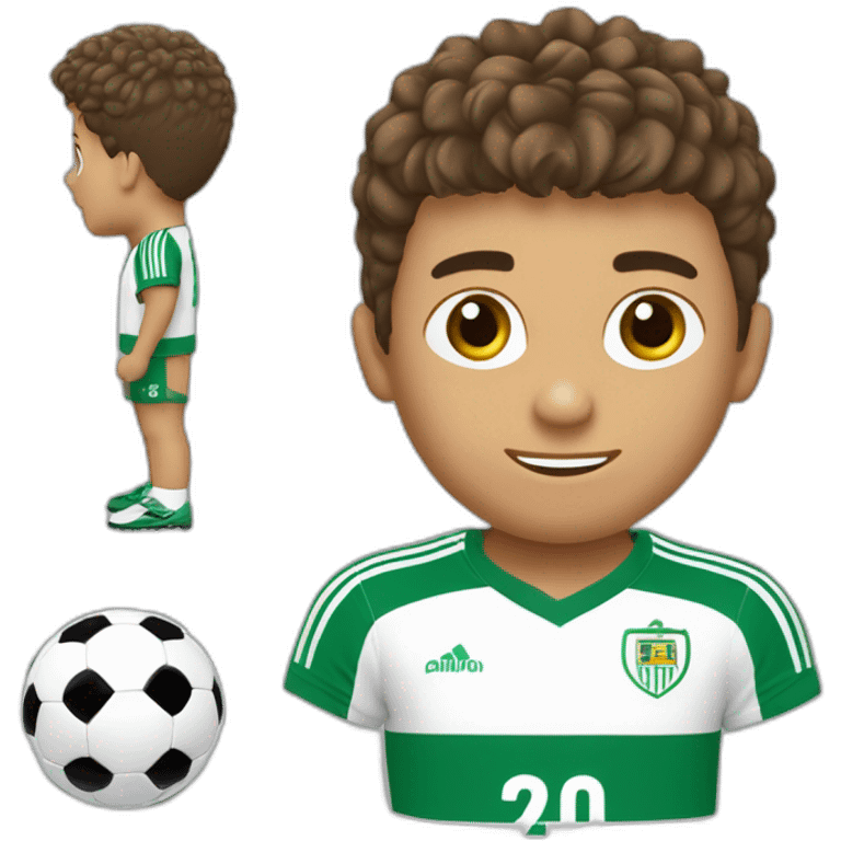 Niño con pelo castaño corto con flequillo y equipación de fútbol del recreativo de huelva emoji