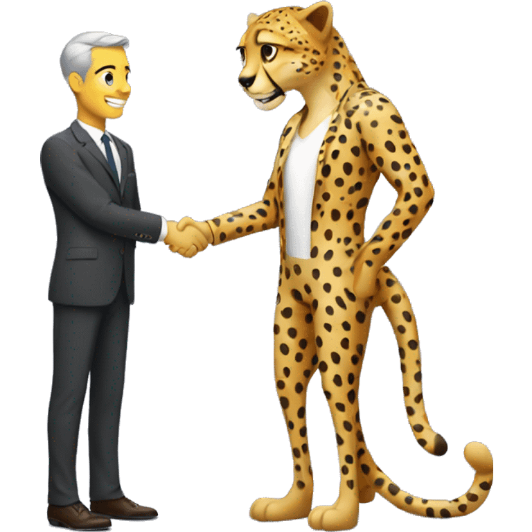 A cheetah in a classic suit shakes hands with a man  emoji