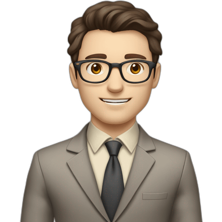 Pale skinned fit man with dark brown hair in gray jacket, beige office shirt, brown tie, brown pants and vintage glasses Writing on the flipchart emoji