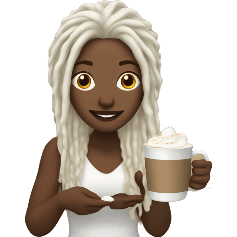 White woman with white dreadlocks holding hot chocolate in front of a fireplace emoji