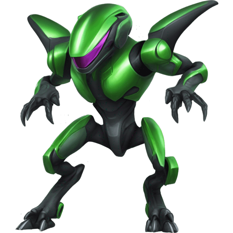 a shiny black-green Genesect-Raptor-Fakémon—hybrid with a futuristic visor-helmet full body emoji