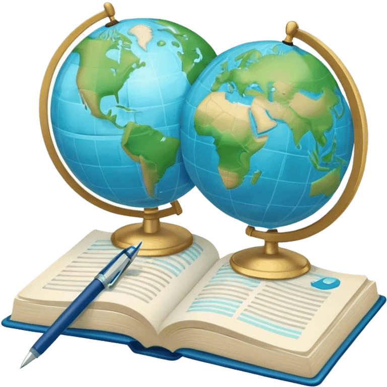 Create an emoji representing language translation. The design should feature just one globe in the background, symbolizing international communication. In front of the globe, place two opened books with texts on them and a pen nearby to indicate the act of writing. Use a clean and professional color palette with blues, greens, and neutral tones. Make the background transparent. emoji