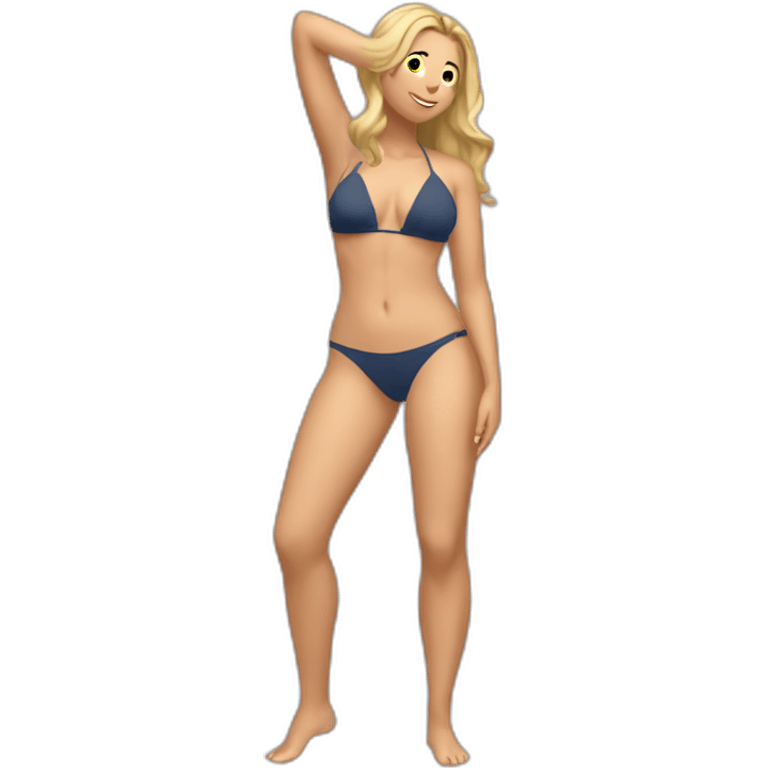 Slim-thicc Caucasian woman bikini hands-in-hair pose (beach body) full body emoji