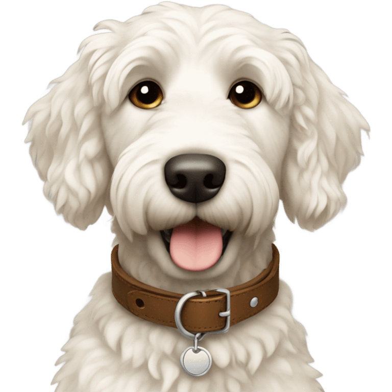 White golden doodle dog with brown leather collar emoji