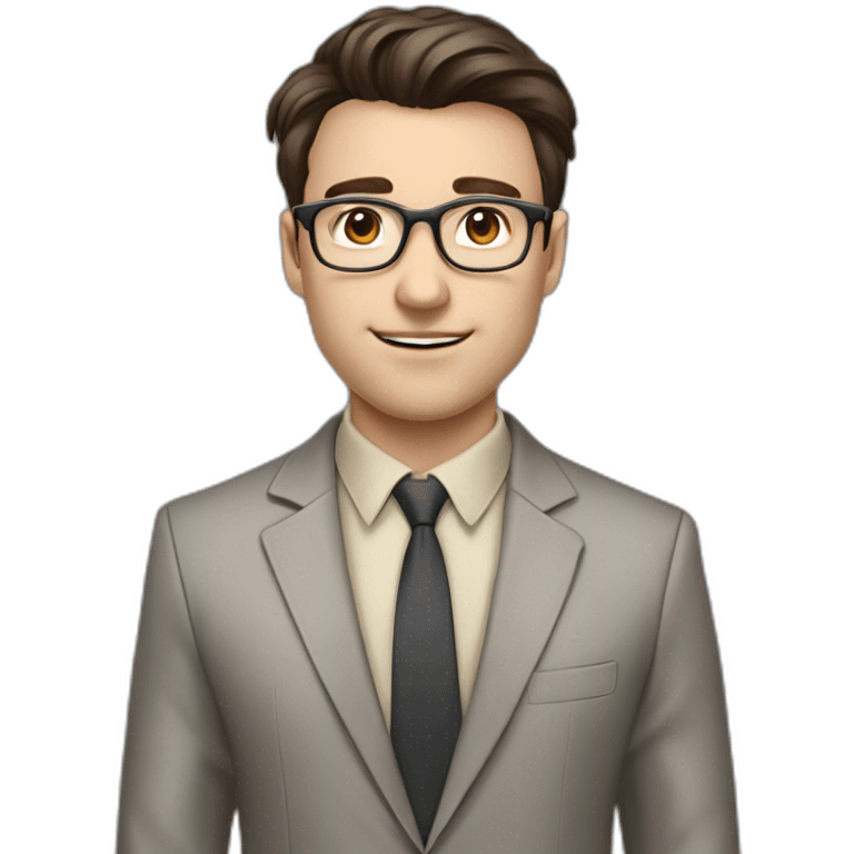 Pale skinned fit man with dark brown hair in gray jacket, beige office shirt, brown tie, brown pants and vintage glasses Writing on the flipchart emoji