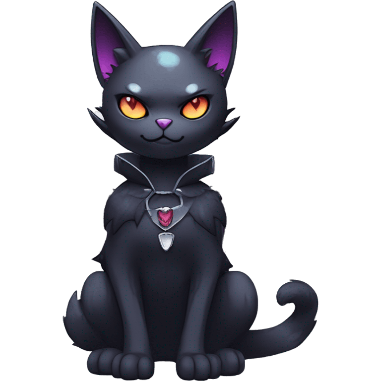   cool edgy kawaii anime-style ethereal dark-punk-themed animal vampiric cat-hybrid Fakemon with fangs and bat-wing-ears with a collar full body emoji