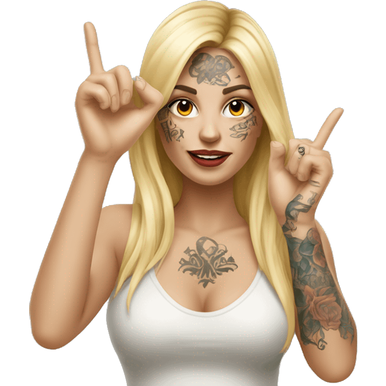 Blonde elegant women with LONG HAIR, her Body Covered with Tattoos, POINTING YOU FORWARD with her HAND with INDEX FINGER, Hyper realistic emoji