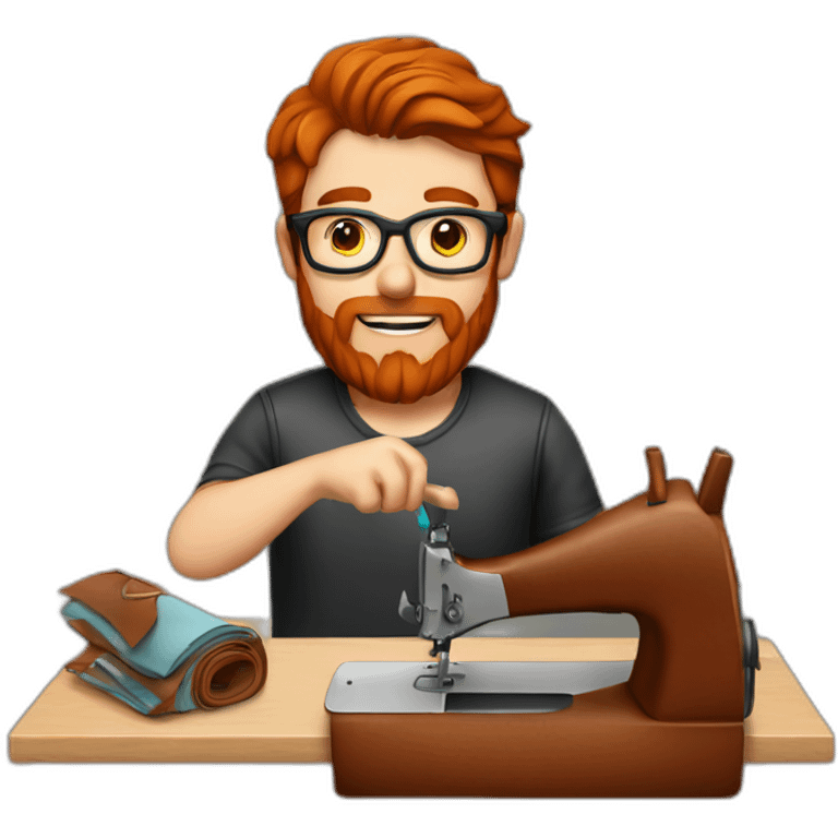 Red smooth haired man with beard and glasses sewing a leather saddle emoji