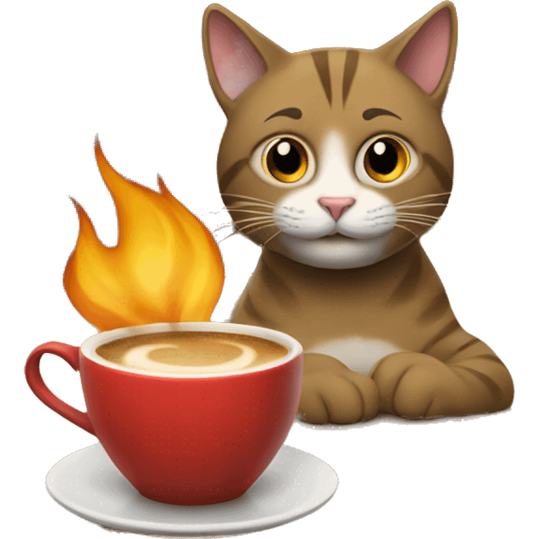 A cat sitting at a table with a cup of coffee. There is a fire in the background. emoji