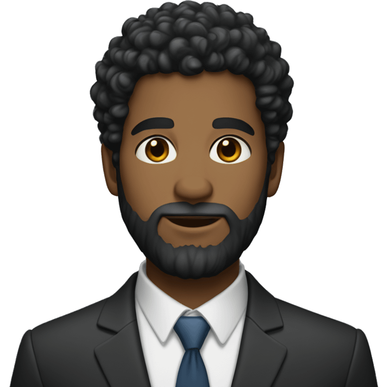 Black curly hair, short hair, brown skin, a full beard, and dressed in a suit. emoji