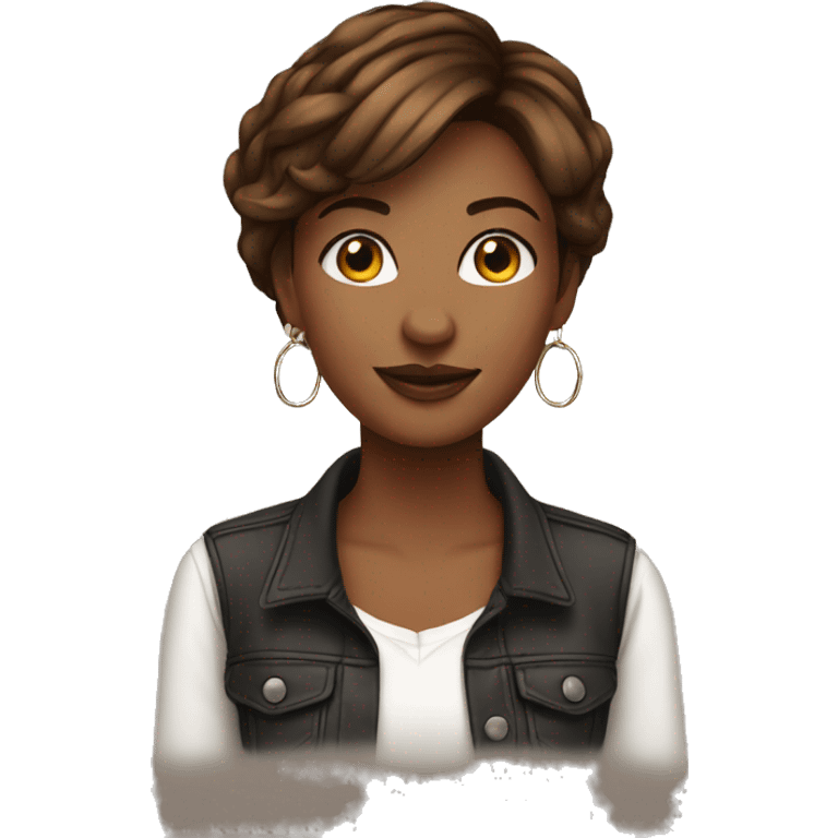 Girl, graphic designer, brown short hair. Hoop earrings emoji