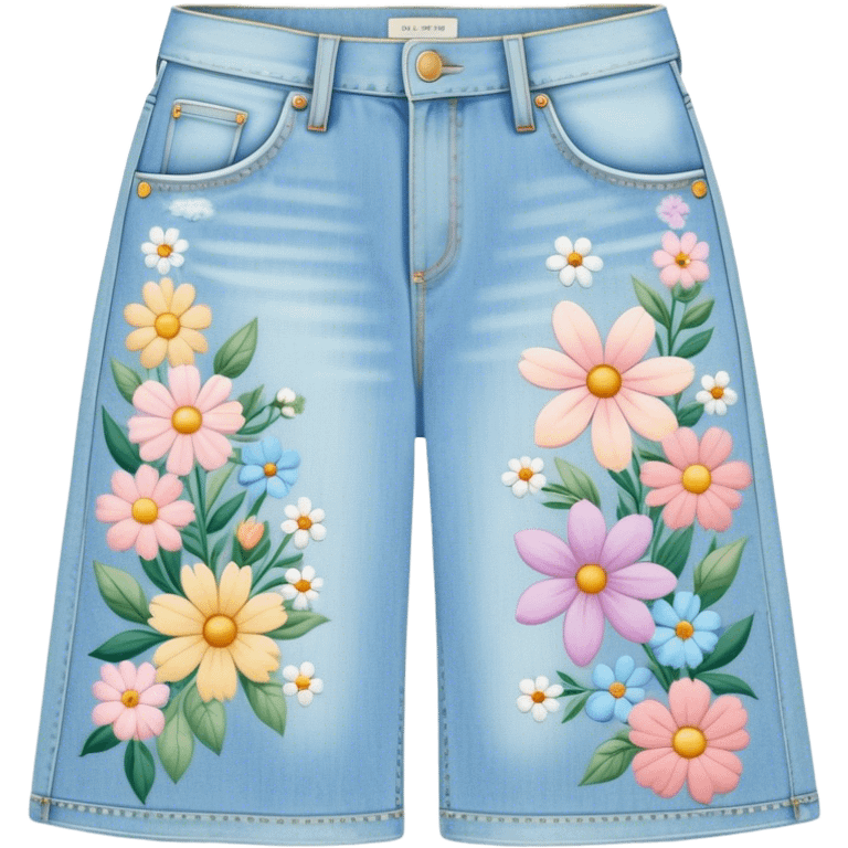 light wash denim wide leg jeans with pastel flowers painted on them emoji