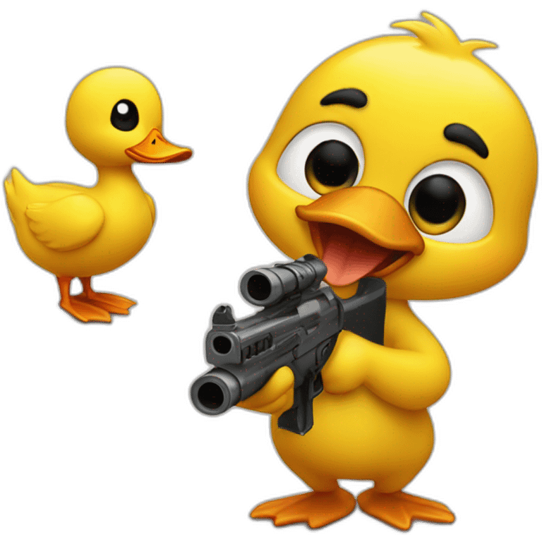 A little duck with a gun and he's aiming at a dog emoji