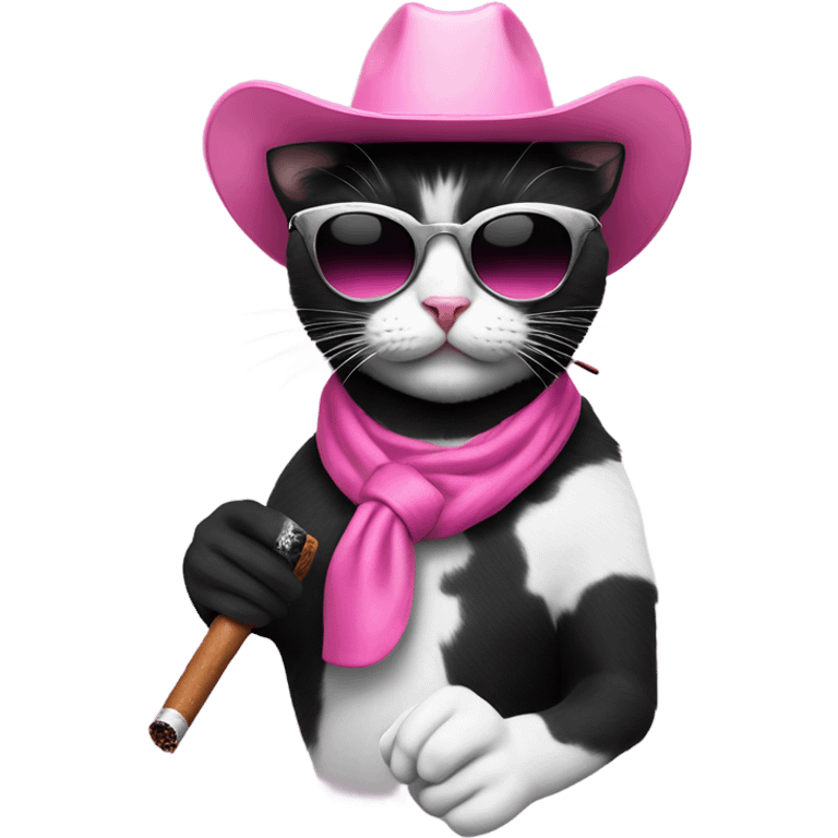 Black and white cat with a pink cowboy hat and silver sunglasses smoking a cig emoji