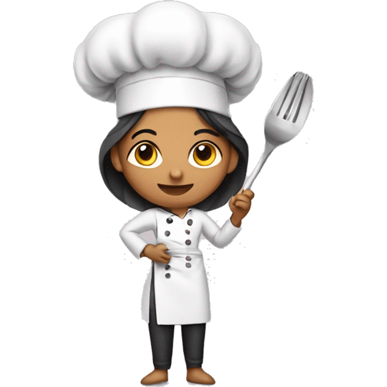 Indian mother chef holding a spoon and a fork emoji