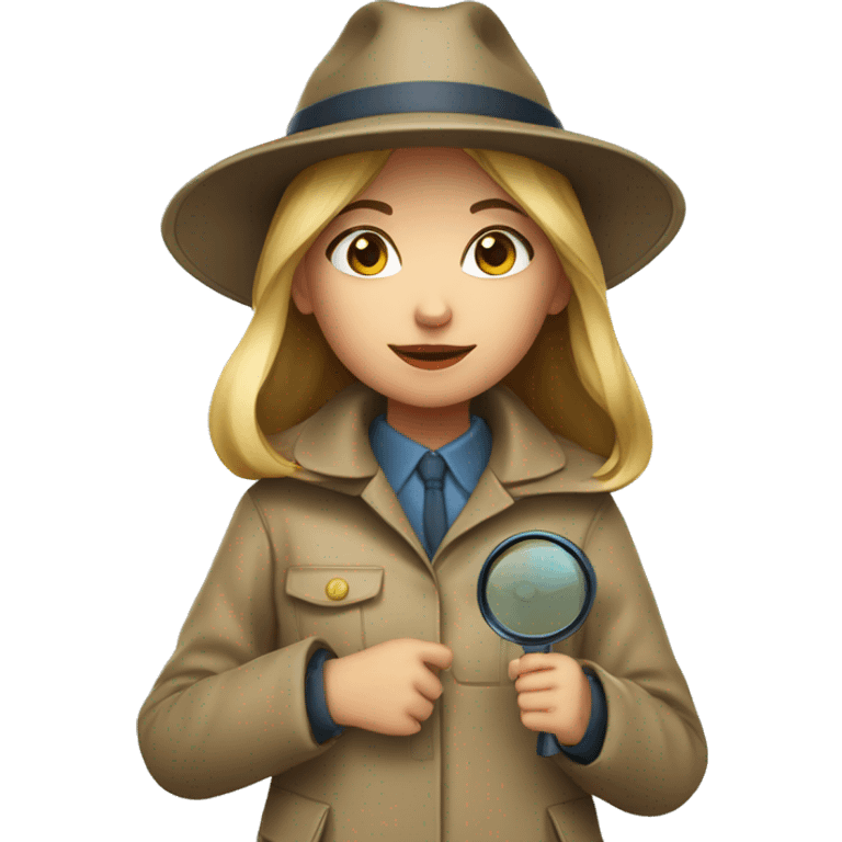 girl in a detective costume, in a raincoat, with a hat and a magnifying glass in her hands emoji