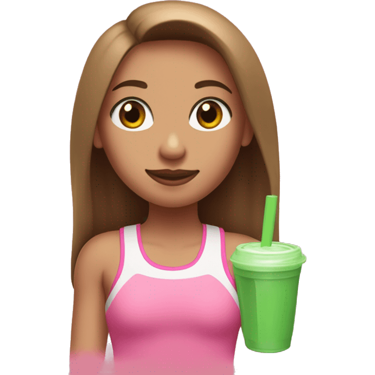 a girl with brown long straightened hair and with Green eyes with pink leggings and pink sports top with a protein shake in her hand emoji