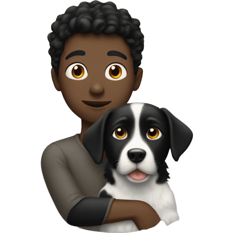 black haired white boy holds a black dog emoji