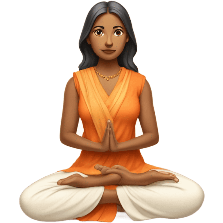 an  Indian woman, sleeveless pastel shirt
 yogi with a peaceful and meditative expression. The character should be wearing an orange robe, symbolizing traditional yogic attire. The yogi can be sitting in a lotus position emoji