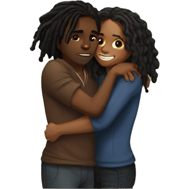 Brown girl with wavy hair hugging black boy who has dreads  emoji