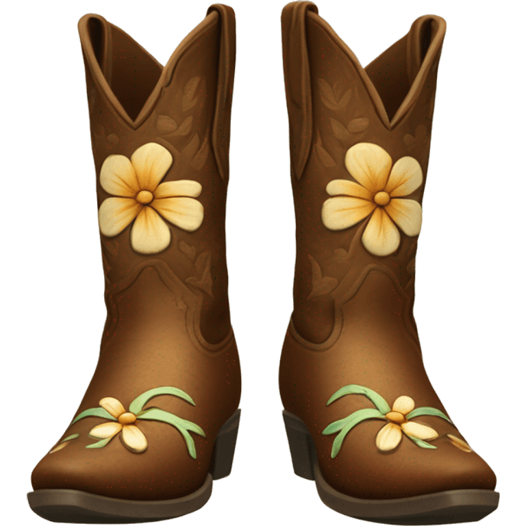 Realistic pair of isolated rleather wooden tooled flower pattern cowgirl boots. emoji