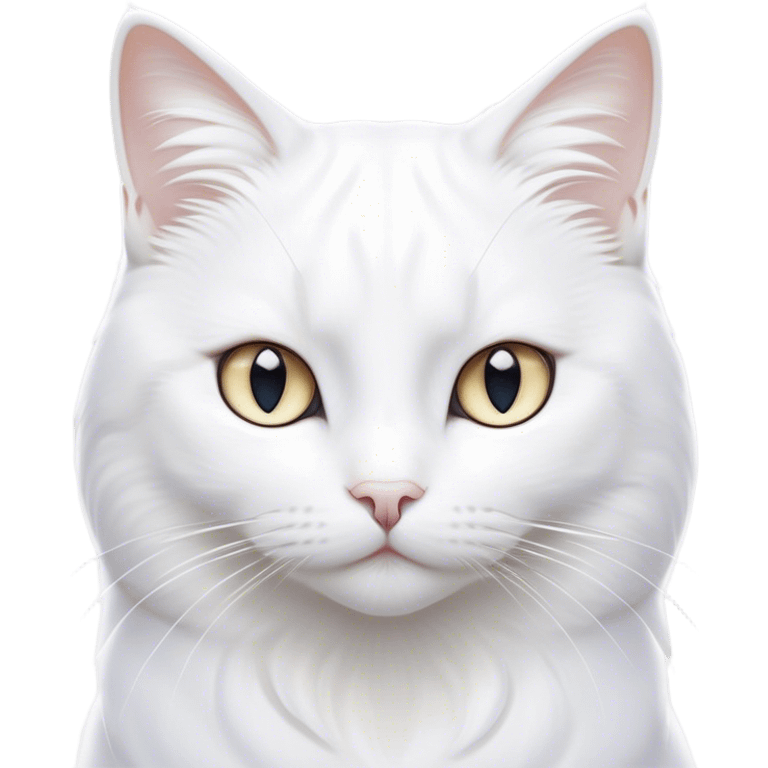 Cinematic Noble White Cat Portrait Emoji, Poised and stately, with a pristine, snow-white fur accented by delicate hints of silver, refined whiskers and a serene, focused gaze, simplified yet impeccably detailed, glowing with an ethereal radiance and timeless elegance, high shine, exuding calm intelligence and regal simplicity, soft glowing outline, capturing the essence of a noble white cat that radiates quiet majesty! emoji