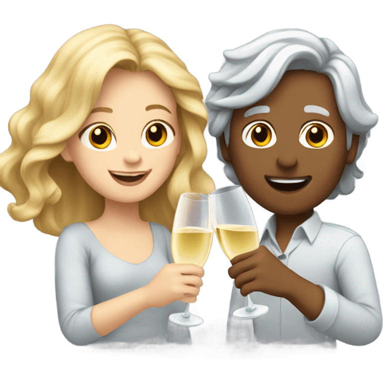 a boy with gray hair and a girl with long blond wavy hair dancing with a glass of champagne emoji