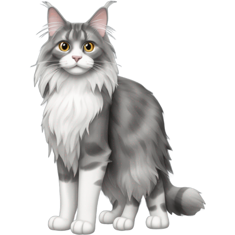 Grey Black White Mainecoon cat, full body emoji