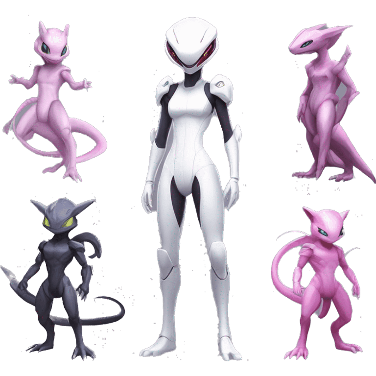 White body, Anthro-Sona-Lizard-Alien-Salazzle-Mew-Mewtwo-Fakémon, with pink eyes, with a futuristic visor-helmet, wearing a techwear-suit, Full Body emoji