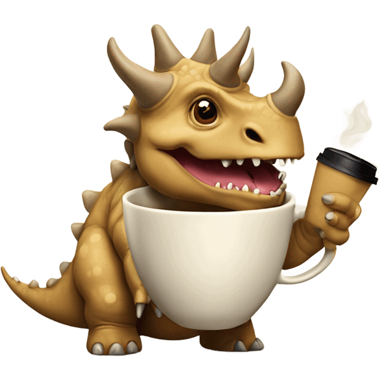 Tan triceratops with 3 horns and a cup of coffee emoji