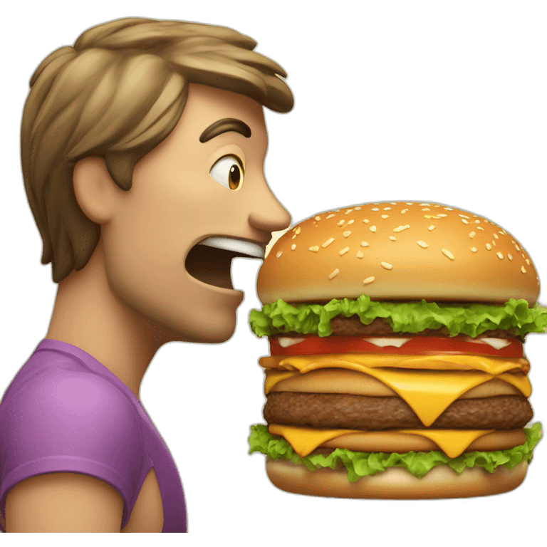 face of man taking bit of big burger with big motth emoji