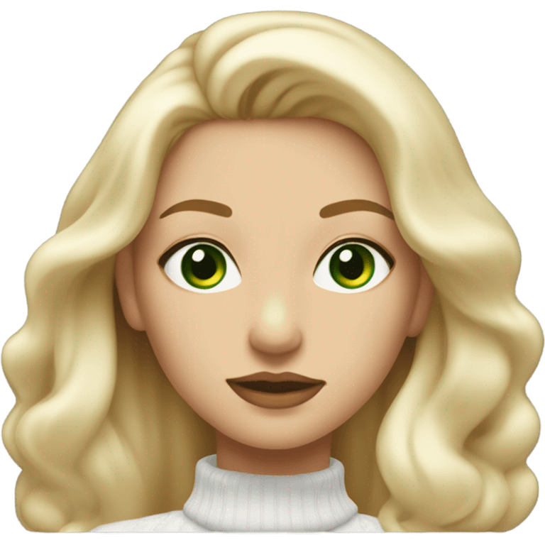 solo blonde girl with green eyes, smooth skin, white sweater, long blow out hair, baddie, middle part emoji