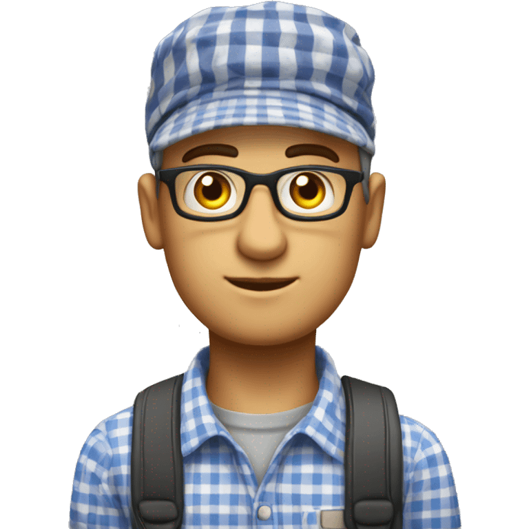 school teacher u rad from ussr in a checkered shirt and with a cap on his head and doves and eyes hair short black emoji