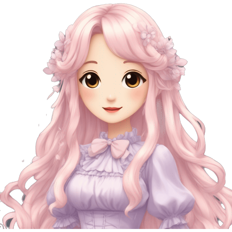 Cute kawaii gorgeous pretty anime pastel lady beautiful hair with gorgeous dress fairycore cottagecore detailed high quality trending aesthetic emoji