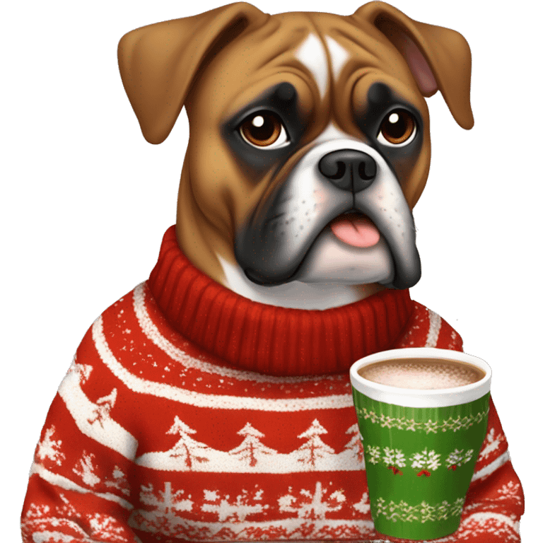 Chubby boxer dog in a festive christmas sweater drinking hot chocolate emoji